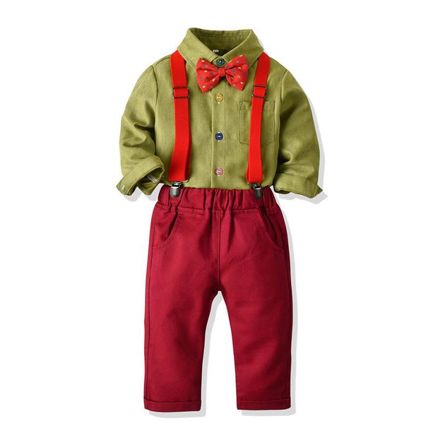 Kids Boy Christmas Multicolor Long-sleeved Bow Tie Bib Suit 3 Pcs