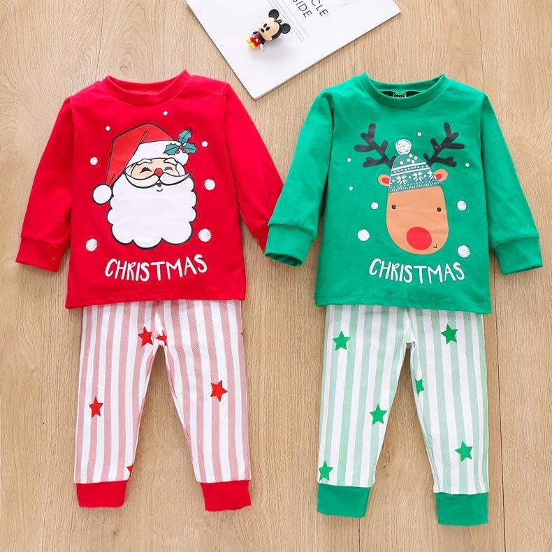 Kids Popular Christmas Print Pullover Spring Striped Pajamas Set 2 Pcs - MomyMall