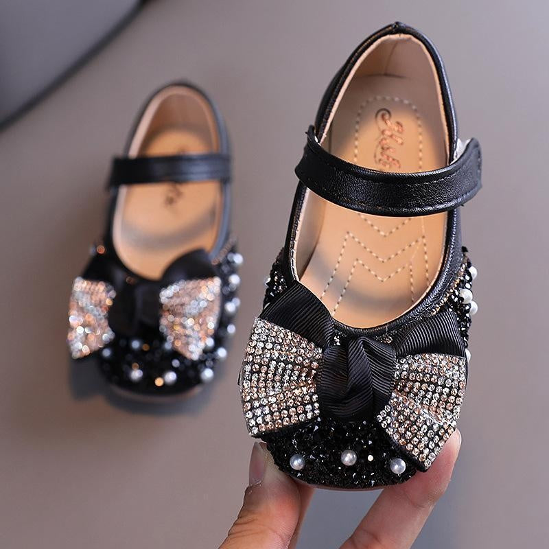 Girl Pearl Rhinestone Leather Shoes with Bow Tie