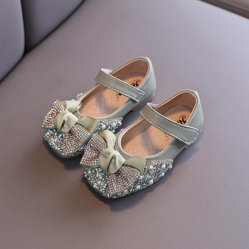 Girl Pearl Rhinestone Leather Shoes with Bow Tie