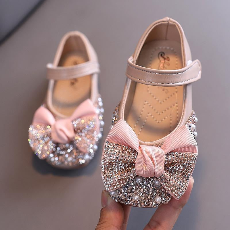 Girl Pearl Rhinestone Leather Shoes with Bow Tie