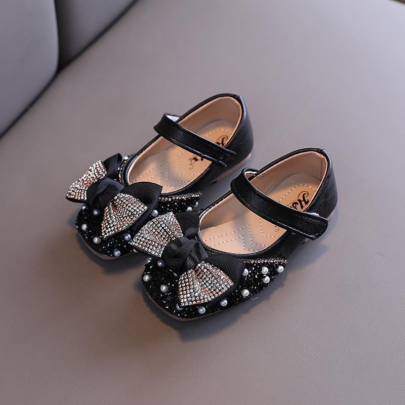 Girl Pearl Rhinestone Leather Shoes with Bow Tie