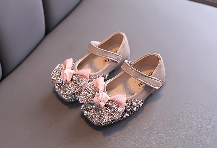 Girl Pearl Rhinestone Leather Shoes with Bow Tie