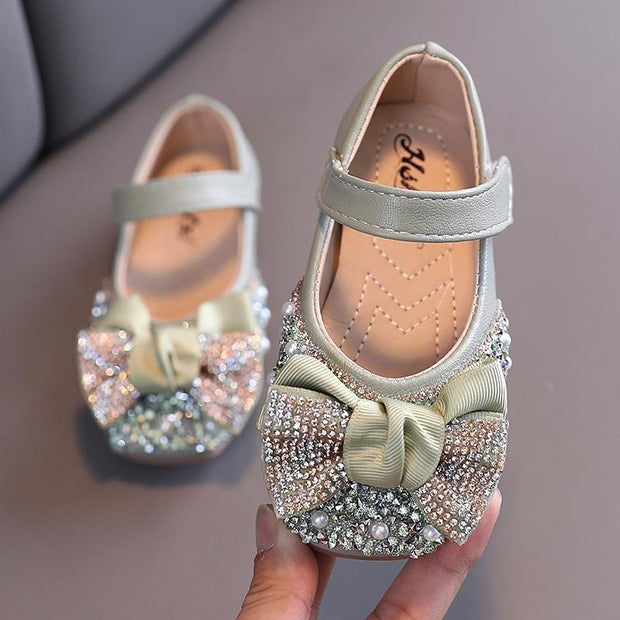 Girl Pearl Rhinestone Leather Shoes with Bow Tie