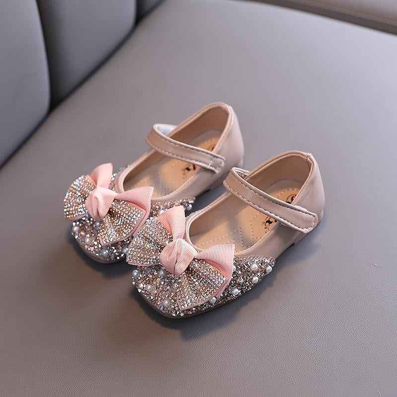 Girl Pearl Rhinestone Leather Shoes with Bow Tie