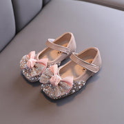 Girl Pearl Rhinestone Leather Shoes with Bow Tie