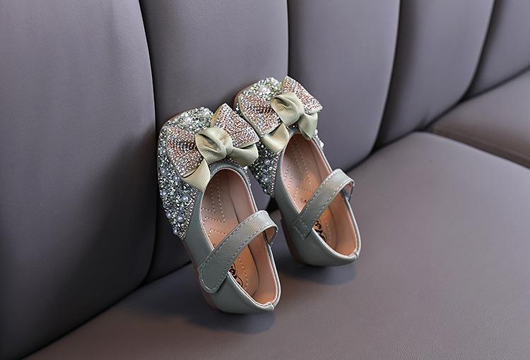 Girl Pearl Rhinestone Leather Shoes with Bow Tie