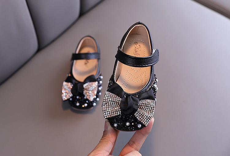 Girl Pearl Rhinestone Leather Shoes with Bow Tie