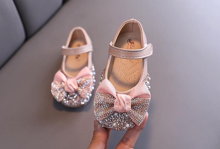 Girl Pearl Rhinestone Leather Shoes with Bow Tie