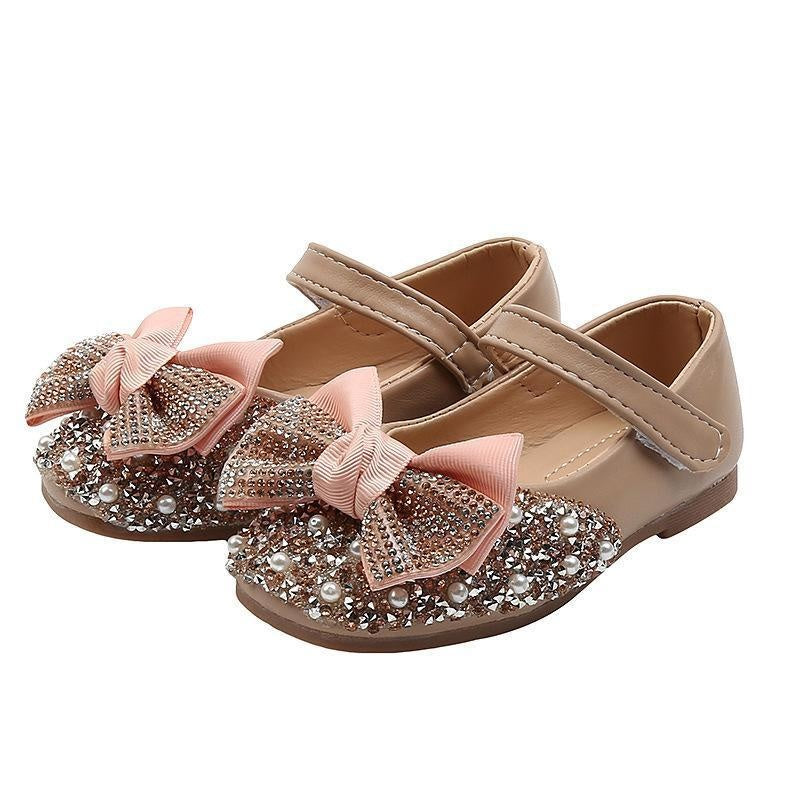 Girl Pearl Rhinestone Leather Shoes with Bow Tie