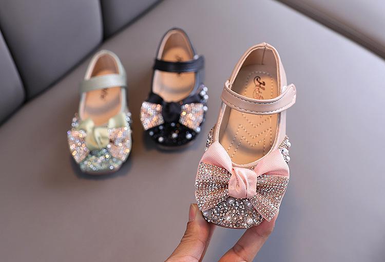 Girl Pearl Rhinestone Leather Shoes with Bow Tie