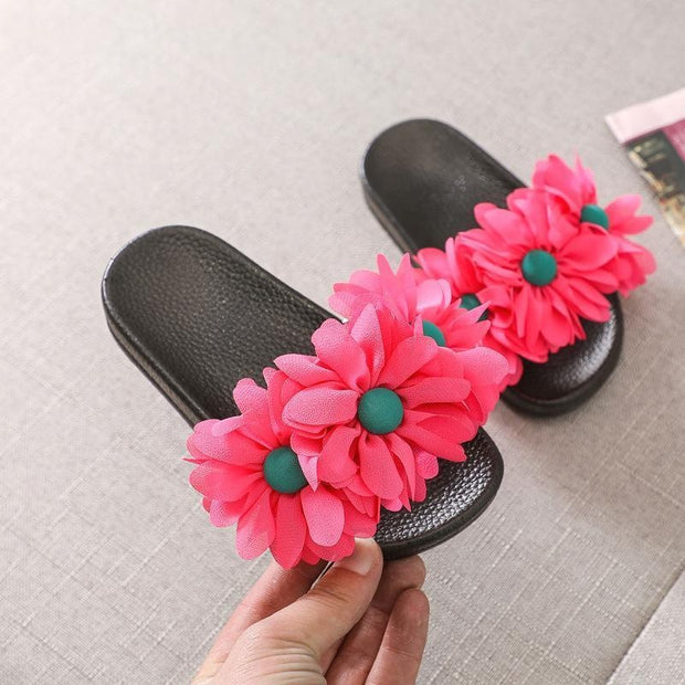Girl Slippers Three Flowers Fashion Casual Flip Flops Shoes - MomyMall Rose Red / US8/EU24/UK7Toddle