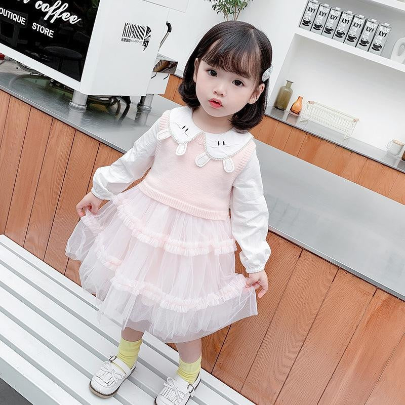 Girl Autumn Casual Cute Gauze Dress 2 Pcs Set - MomyMall Pink / 80cm:6-12months