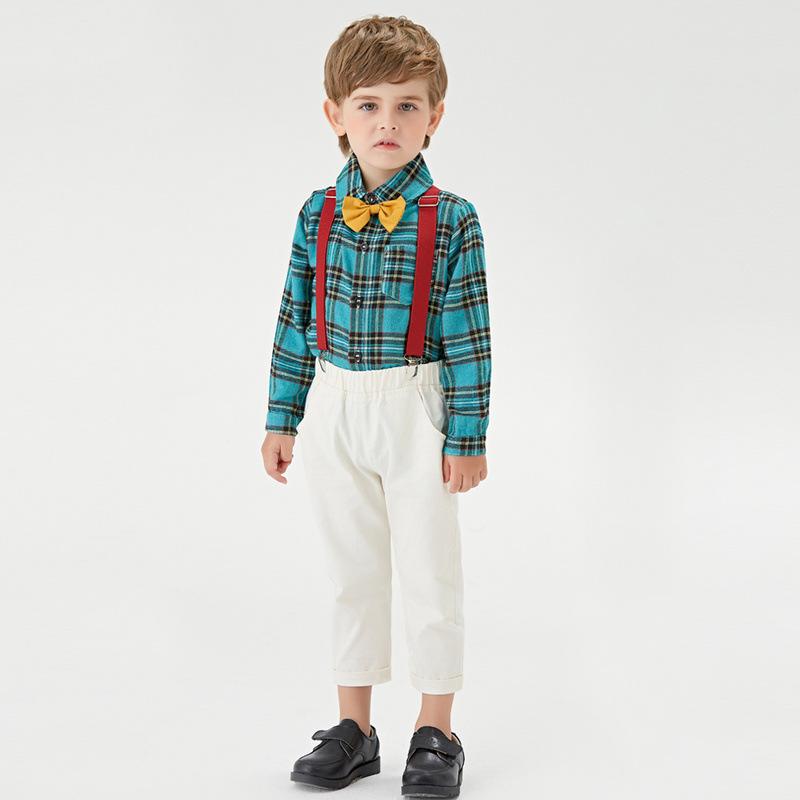 Baby Boy Plaid Long Sleeve Christmas Suspender 2 Pcs Set Suits