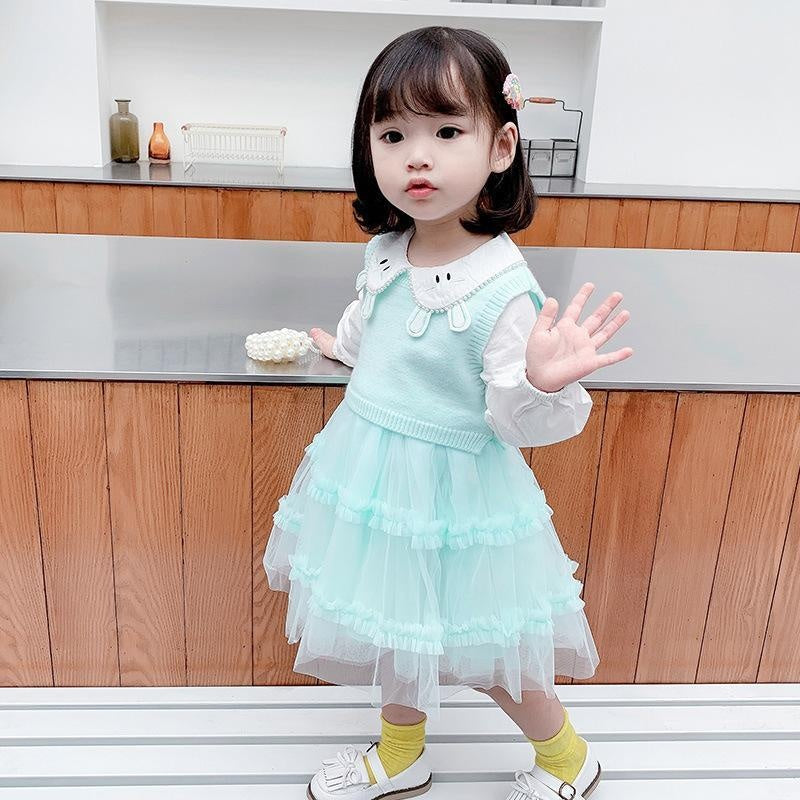 Girl Autumn Casual Cute Gauze Dress 2 Pcs Set - MomyMall Blue / 80cm:6-12months