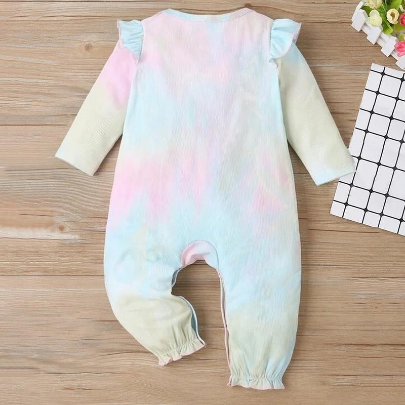 Lovely Baby Girl Tie-dye Printed Frill Bow Long-sleeve Baby Jumpsuit