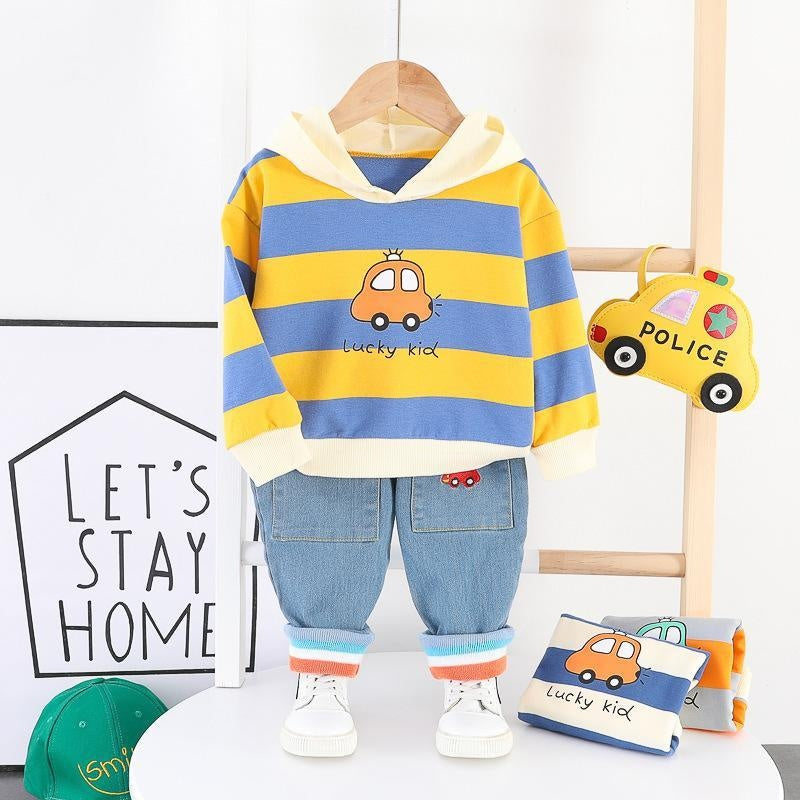 Kid Boy Cartoon Wide Strip Car Casual Suits 2 Pcs - MomyMall Yellow / 9-12Month