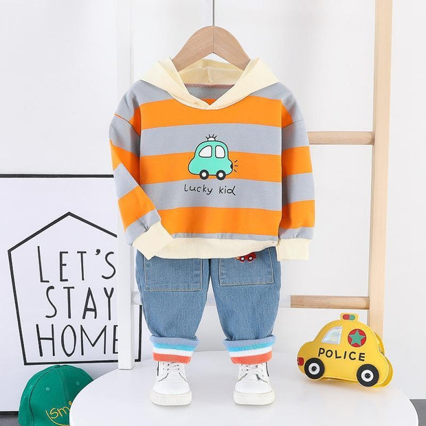 Kid Boy Cartoon Wide Strip Car Casual Suits 2 Pcs - MomyMall