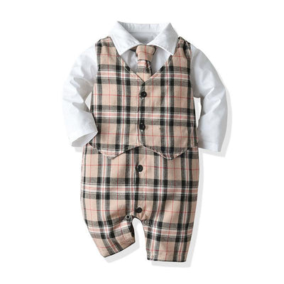 Baby Boy Set Suits Long-sleeved Plaid 2 Pcs Romper