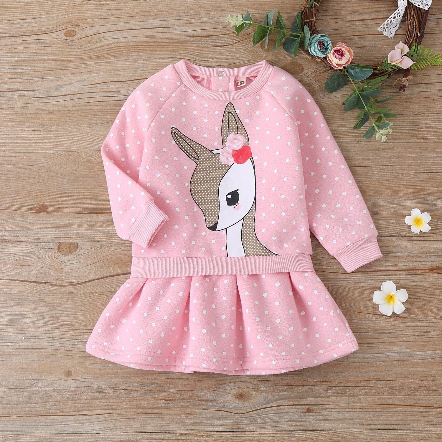 Winter Christmas Girl Casual Dress Cartoon Elk Fake Dress - MomyMall Pink / 6-12 Months