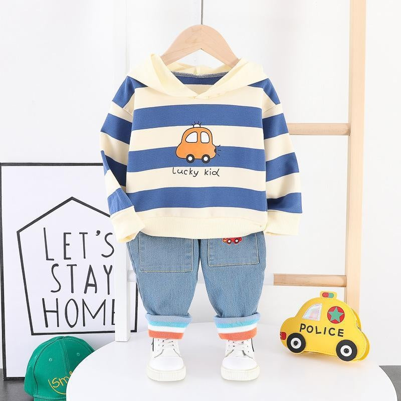 Kid Boy Cartoon Wide Strip Car Casual Suits 2 Pcs - MomyMall