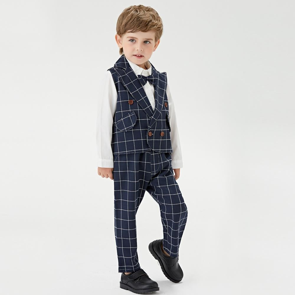 Kid Boy Suit Plaid 4 Pcs Formal Party Sets - MomyMall Dark Blue / 3-6 Months