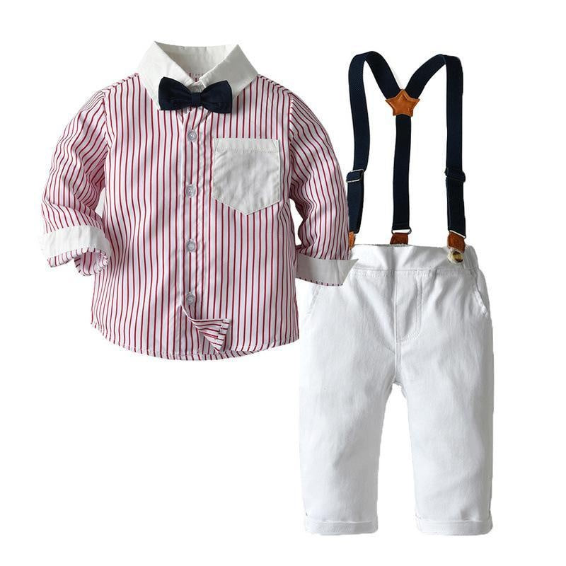 Striped Long-sleeved Boys Suspenders 2 Pcs Set Suits