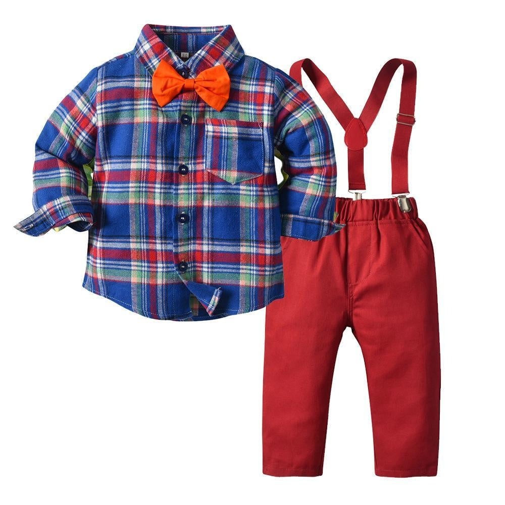 Plaid Cotton Long-sleeved Suspenders Baby Boy Set 2 Pcs Suits - MomyMall