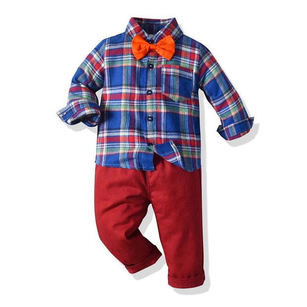 Plaid Cotton Long-sleeved Suspenders Baby Boy Set 2 Pcs Suits - MomyMall