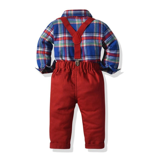 Plaid Cotton Long-sleeved Suspenders Baby Boy Set 2 Pcs Suits - MomyMall