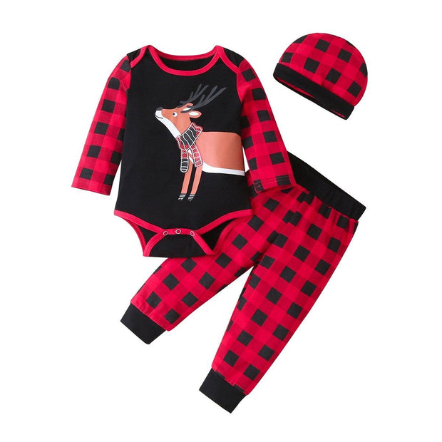 Autumn New Baby Suit Christmas Moose Red Grid Long-sleeved 3 Pcs