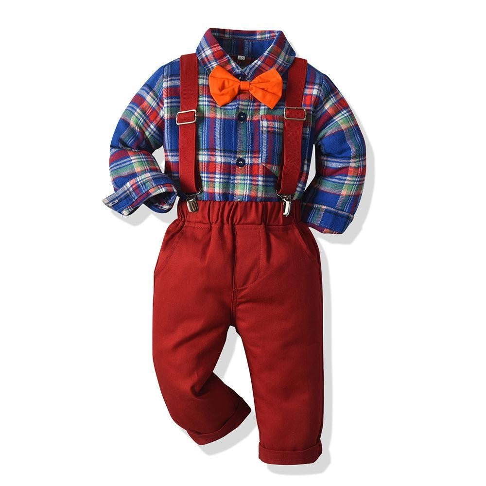 Plaid Cotton Long-sleeved Suspenders Baby Boy Set 2 Pcs Suits - MomyMall