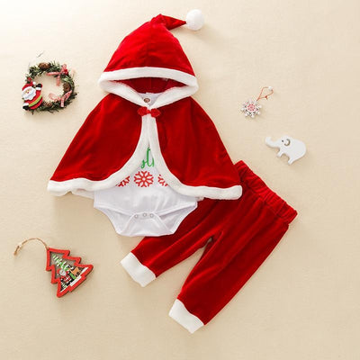 Ins Christmas Baby Girls Outfit Romper + Plush Trousers + Hooded Cloak 3Pcs