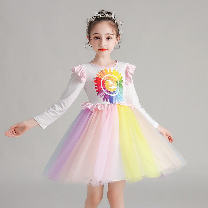 Girl Autumn Super Rainbow Long Sleeve Princess Dress 3-10 Years - MomyMall Pink / 3-4 Years