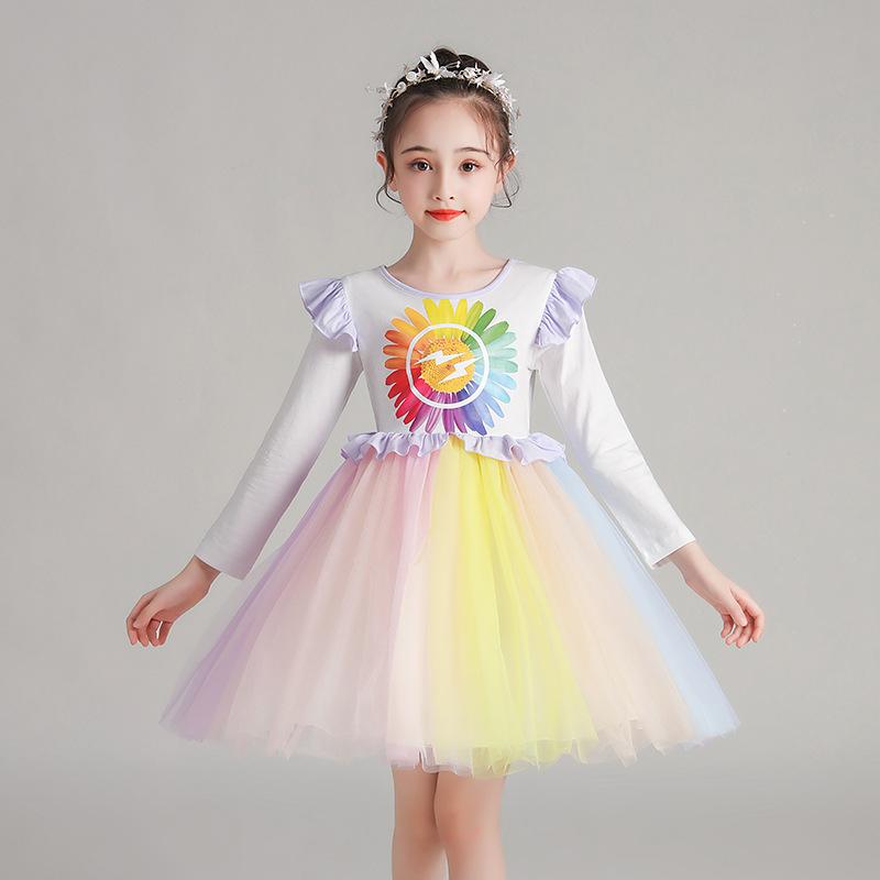 Girl Autumn Super Rainbow Long Sleeve Princess Dress 3-10 Years - MomyMall Purple / 3-4 Years