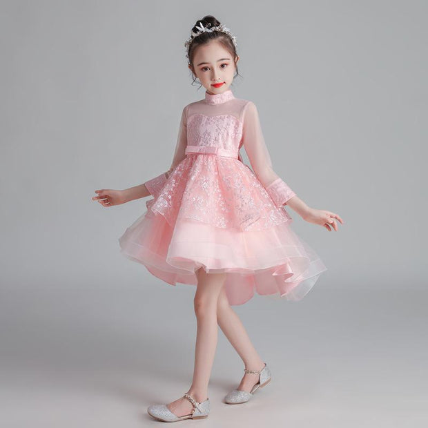 Girl Princess Girl Fluffy Yarn Korean Long Sleeve Dress 3-12 Years - MomyMall Pink. / 3-4 Years