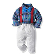 Baby Boy Plaid Long Sleeve Christmas Suspender 2 Pcs Set Suits