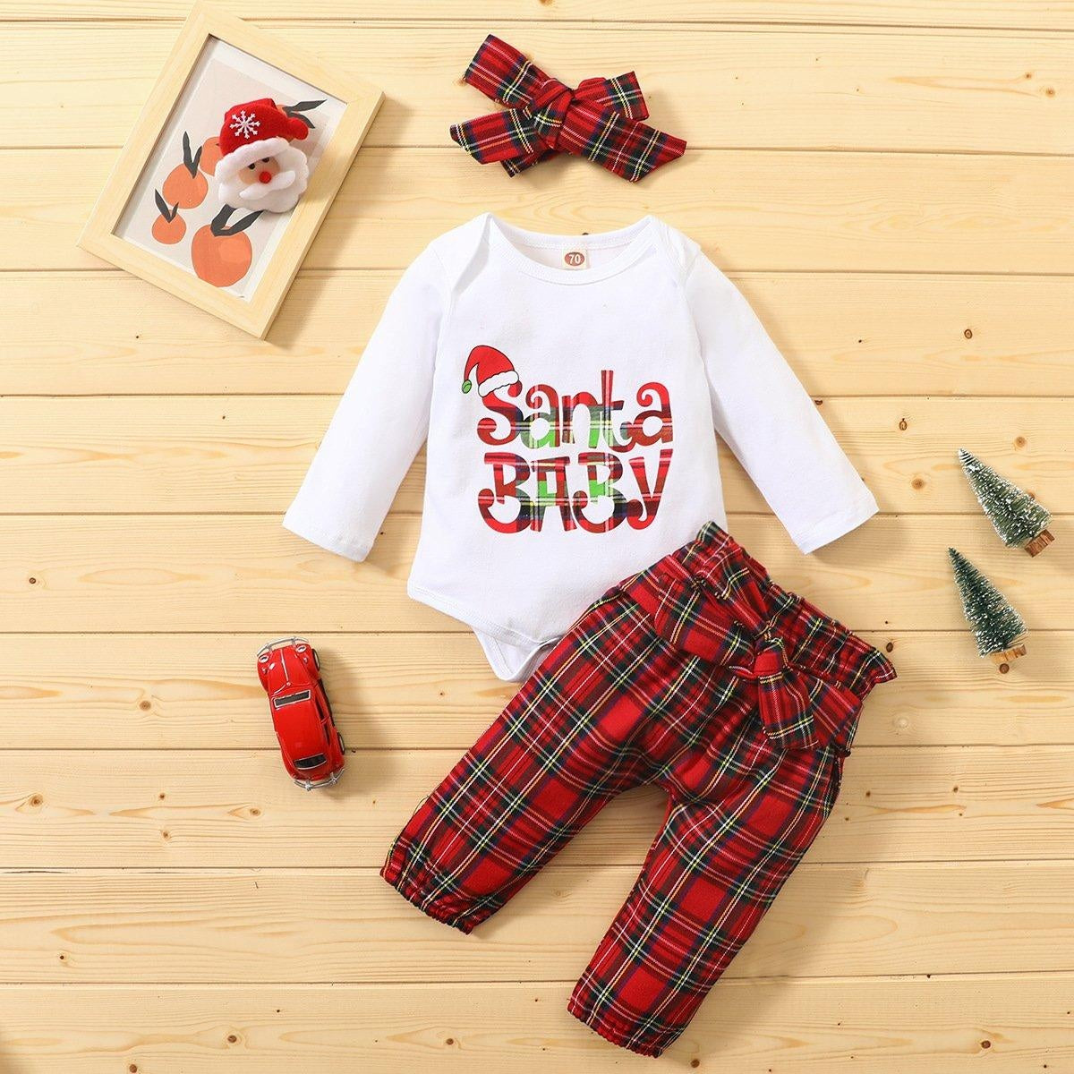 Baby Girls Christmas Long Sleeve Set Ins Plaid 3 Pcs Set - MomyMall White / 70cm：3-6months