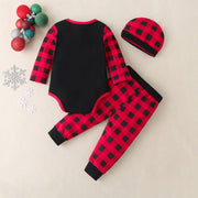 Autumn New Baby Suit Christmas Moose Red Grid Long-sleeved 3 Pcs