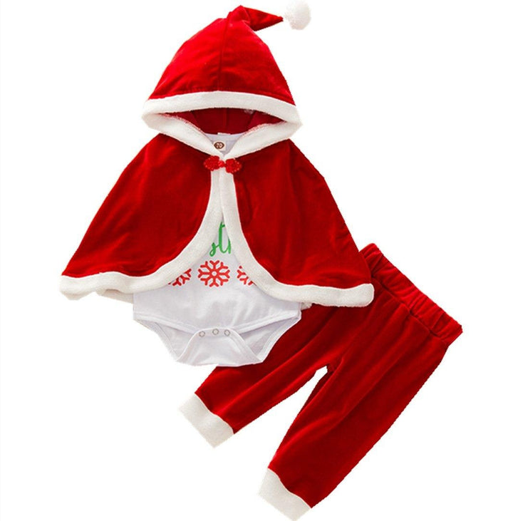 Ins Christmas Baby Girls Outfit Romper + Plush Trousers + Hooded Cloak 3Pcs