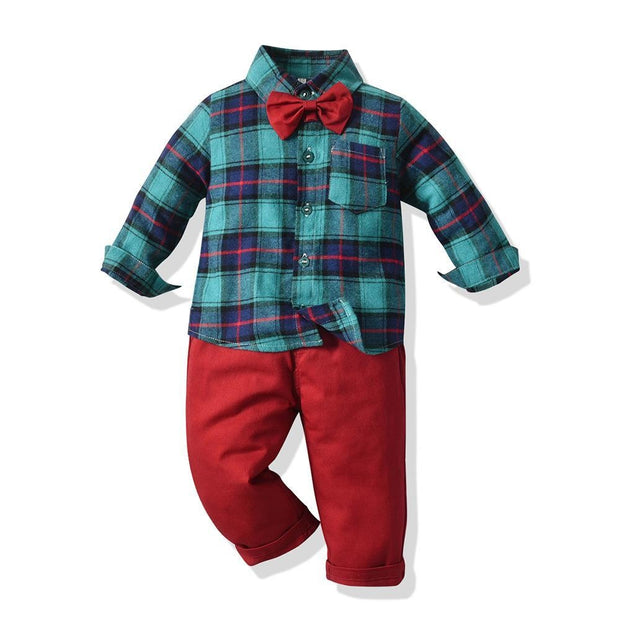 Long Sleeve Plaid Christmas Baby Boy Set Party 2 Pcs Suits