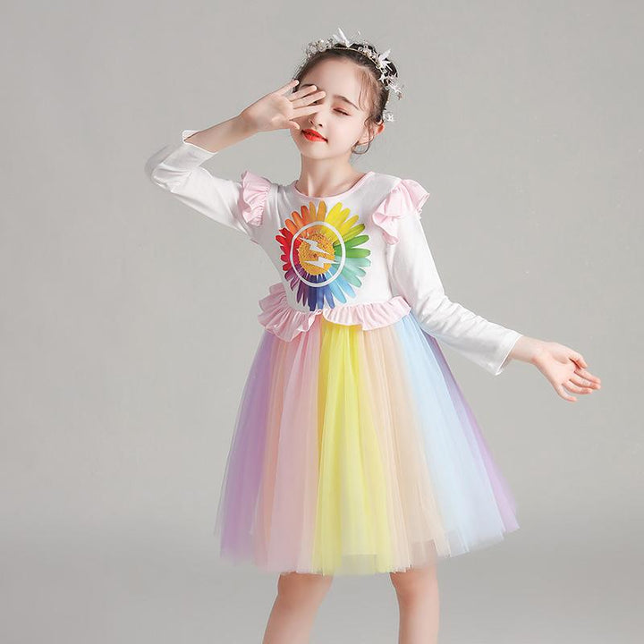 Girl Autumn Super Rainbow Long Sleeve Princess Dress 3-10 Years - MomyMall