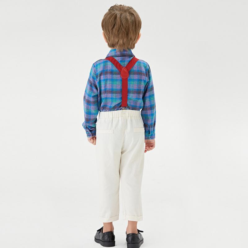 Baby Boy Plaid Long Sleeve Christmas Suspender 2 Pcs Set Suits