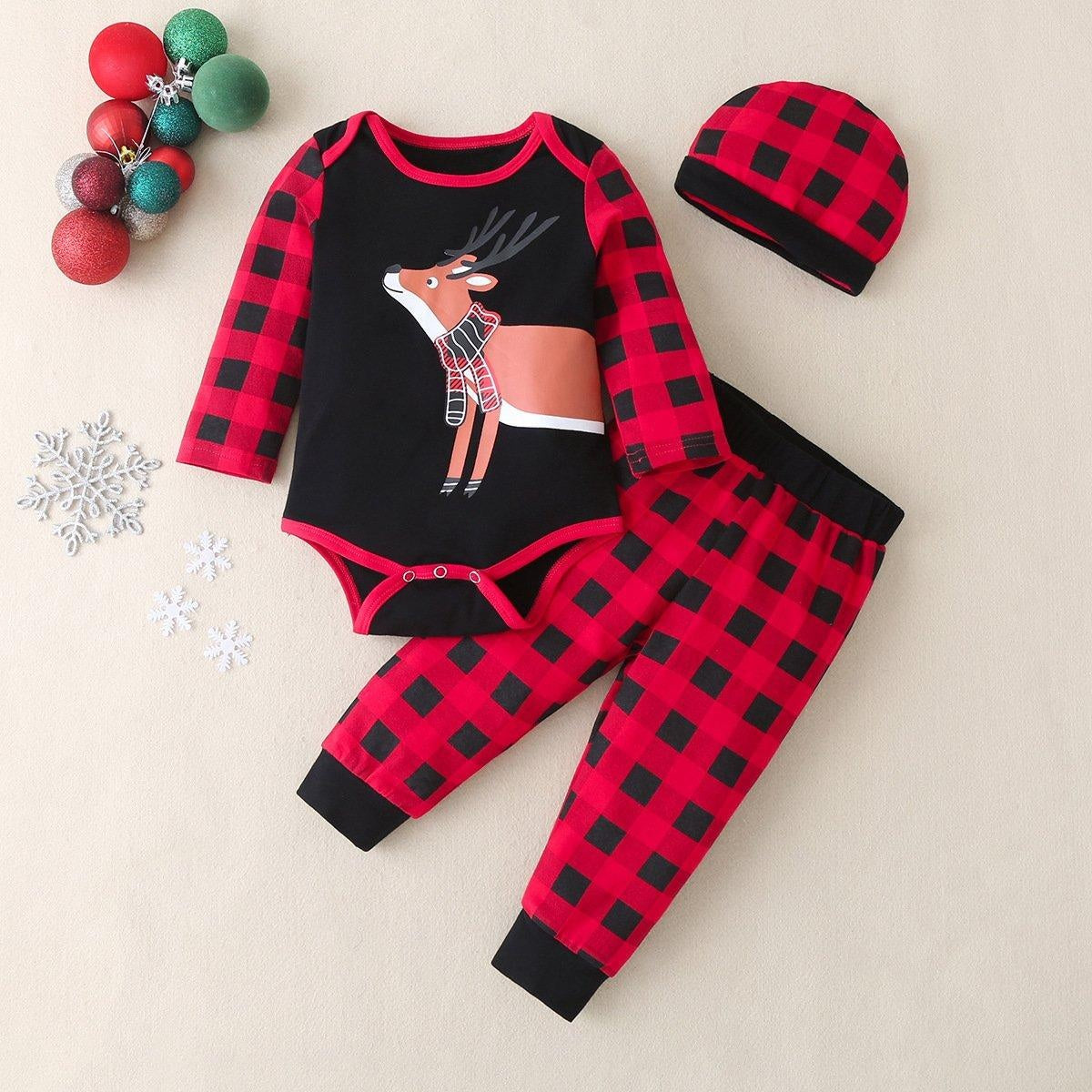 Autumn New Baby Suit Christmas Moose Red Grid Long-sleeved 3 Pcs