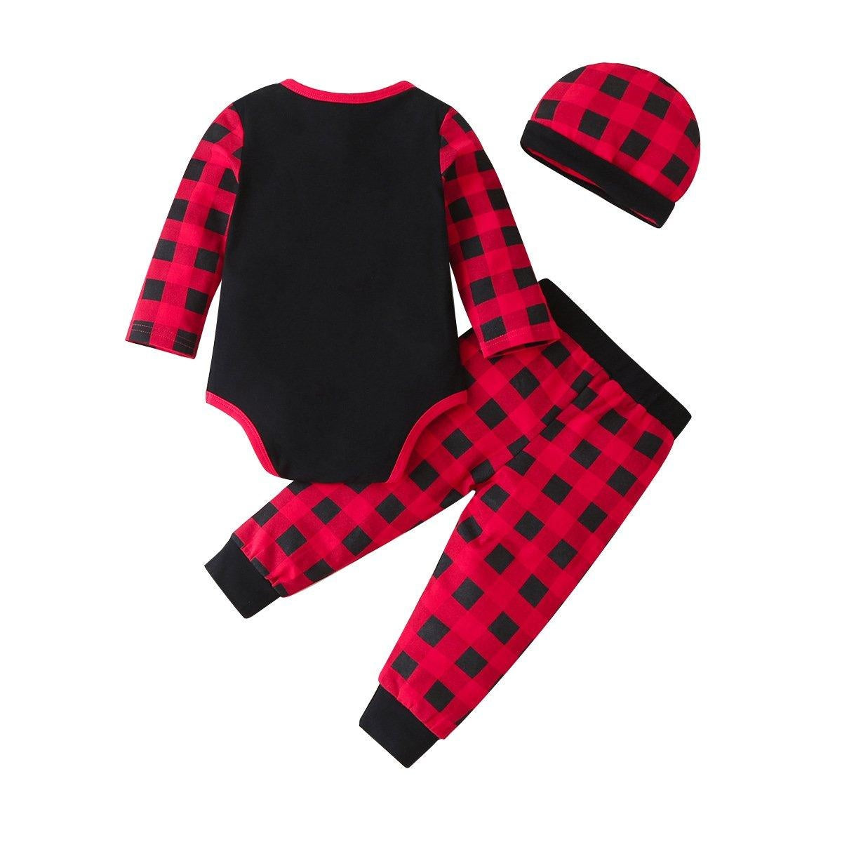 Autumn New Baby Suit Christmas Moose Red Grid Long-sleeved 3 Pcs