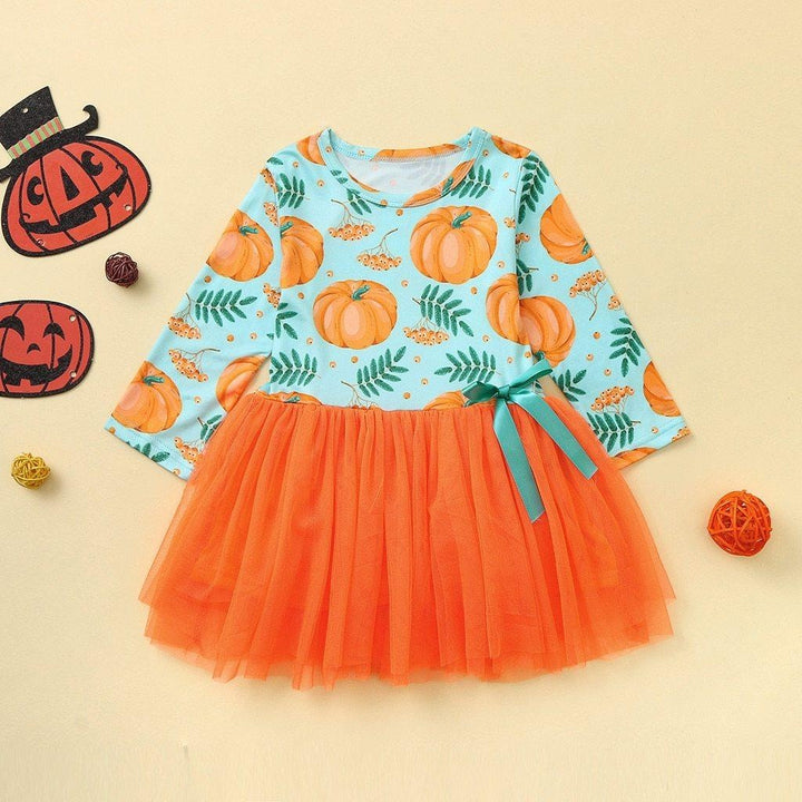 Toddler Girls Halloween Pumpkin Printed Mesh Tutu Dress - MomyMall Orange / 6-12 Months
