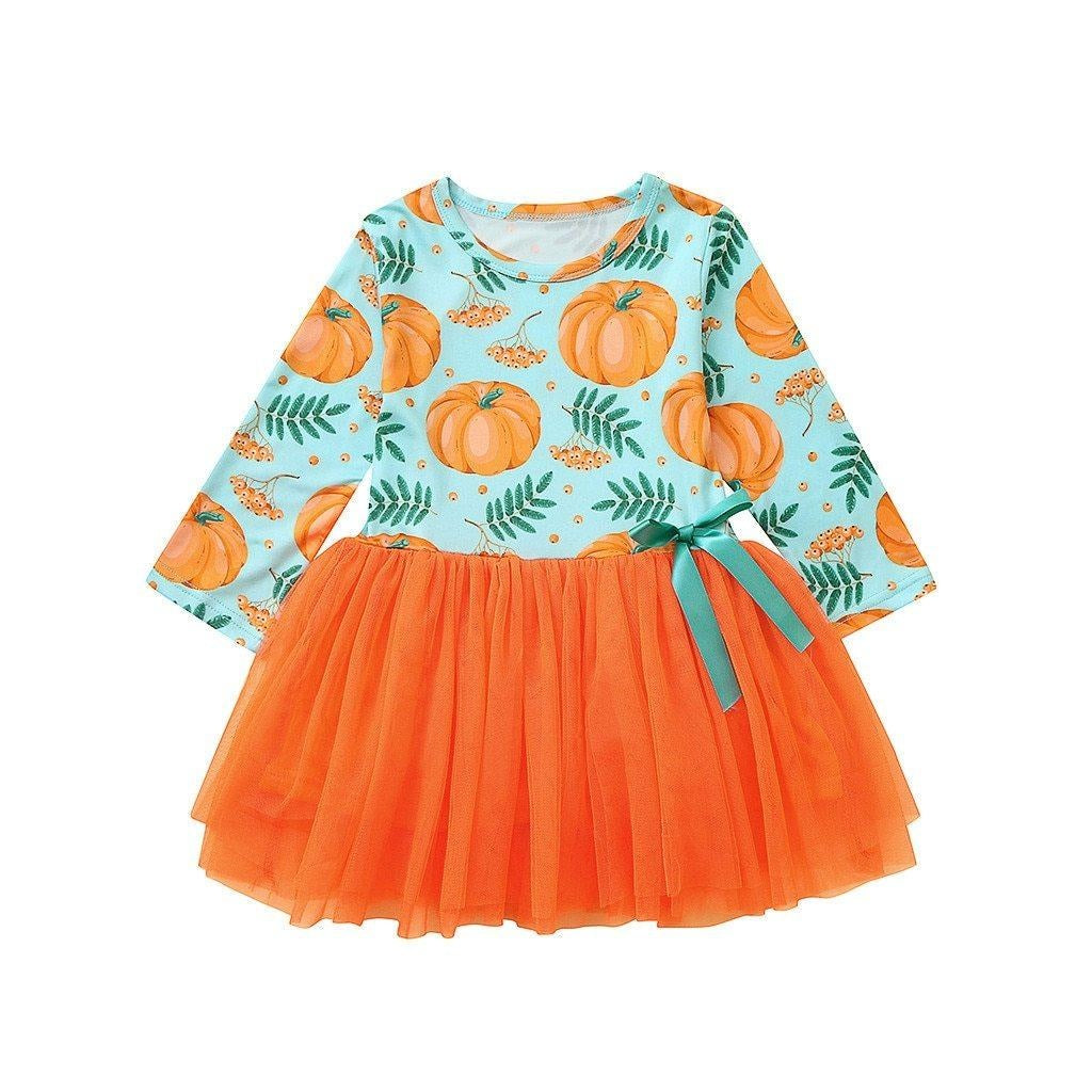 Toddler Girls Halloween Pumpkin Printed Mesh Tutu Dress - MomyMall