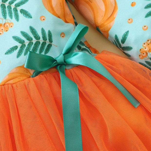 Toddler Girls Halloween Pumpkin Printed Mesh Tutu Dress - MomyMall