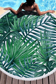 Green Leaves Print Round Beach Blanket