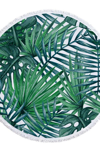 Green Leaves Print Round Beach Blanket